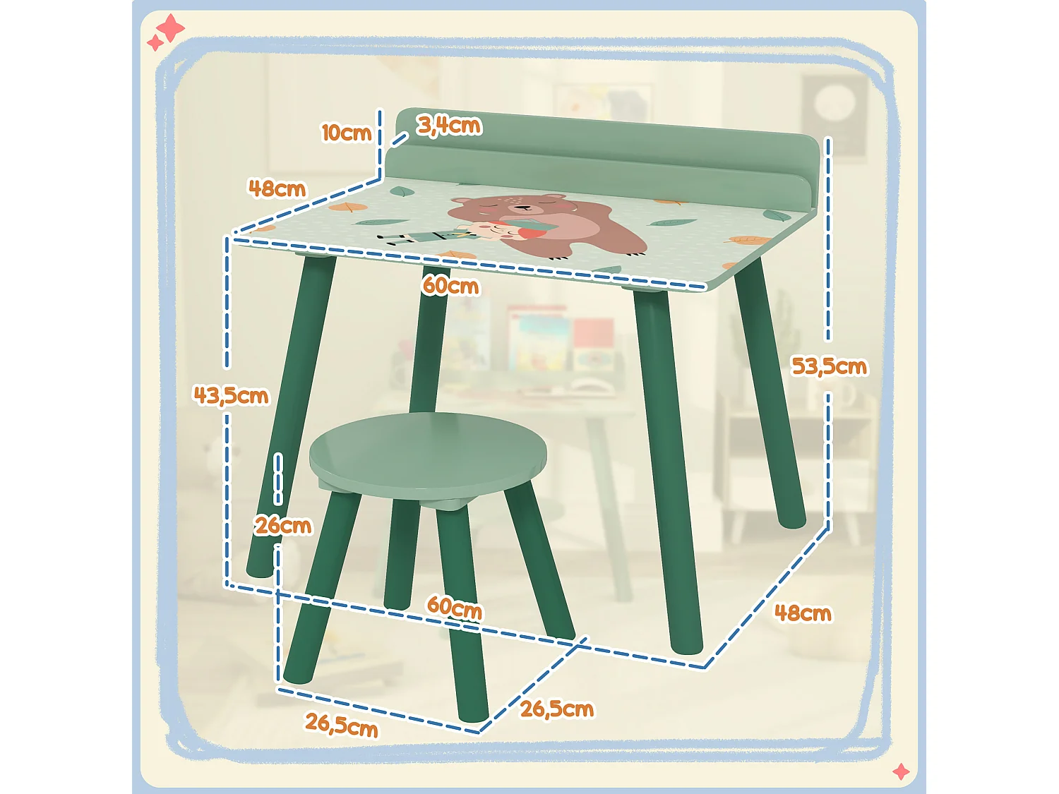 Ensemble table et tabouret enfant design animaux de la fôret - porte-livres intégré - bois vert