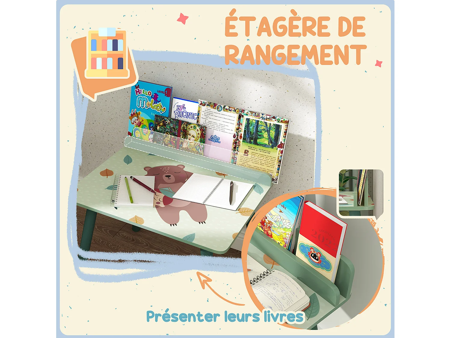 Ensemble table et tabouret enfant design animaux de la fôret - porte-livres intégré - bois vert