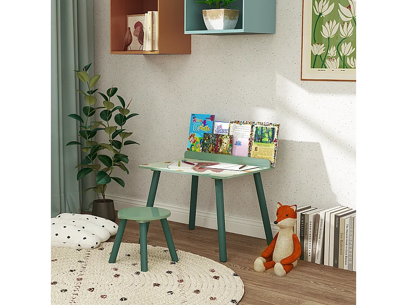 Ensemble table et tabouret enfant design animaux de la fôret - porte-livres intégré - bois vert