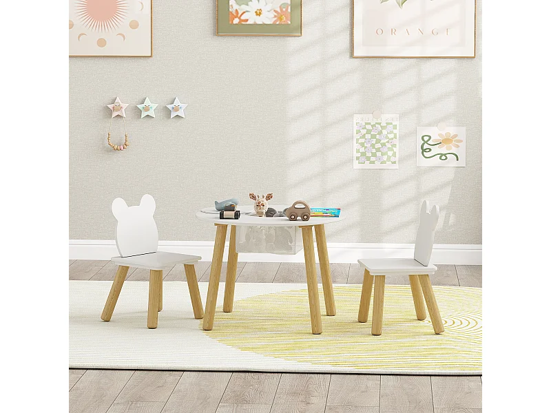 Ensemble table chaises enfant design ourson scandinave - rangement table intégré - blanc aspect bois