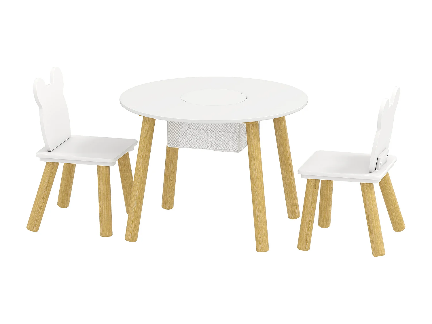 Ensemble table chaises enfant design ourson scandinave - rangement table intégré - blanc aspect bois