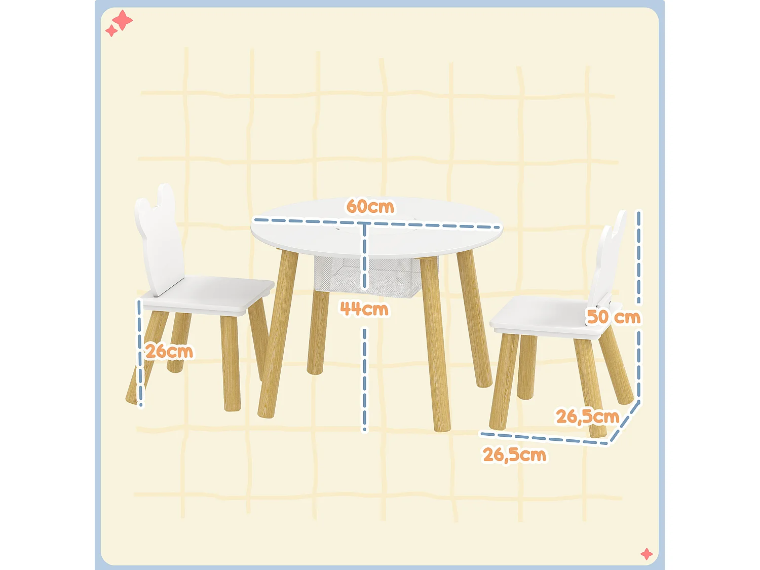 Ensemble table chaises enfant design ourson scandinave - rangement table intégré - blanc aspect bois