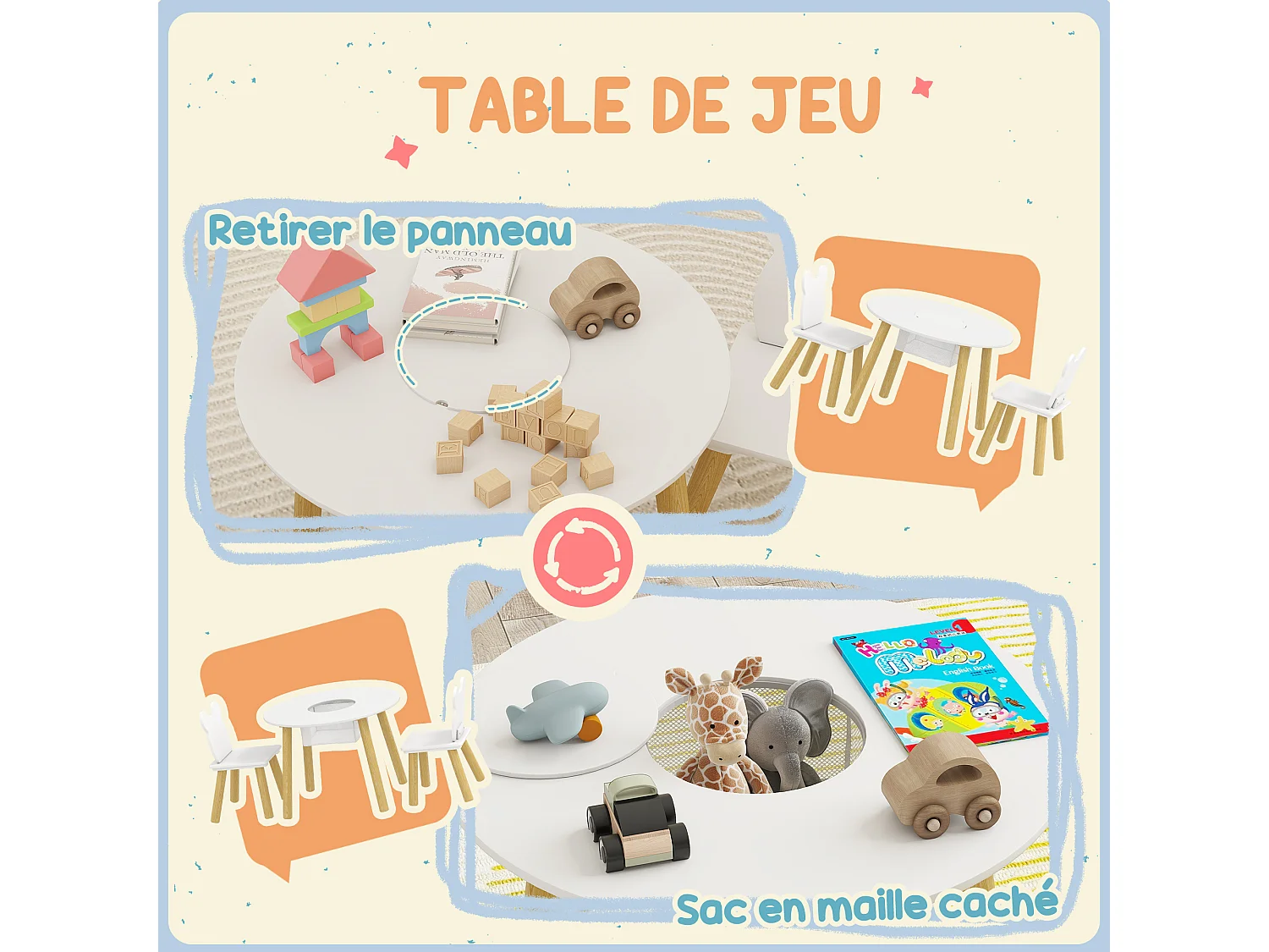 Ensemble table chaises enfant design ourson scandinave - rangement table intégré - blanc aspect bois
