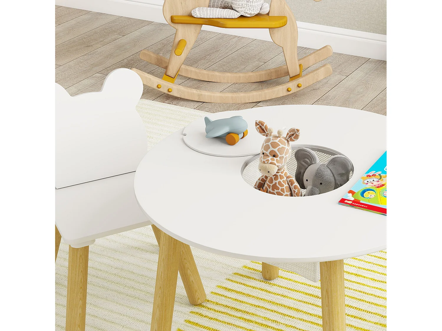 Ensemble table chaises enfant design ourson scandinave - rangement table intégré - blanc aspect bois