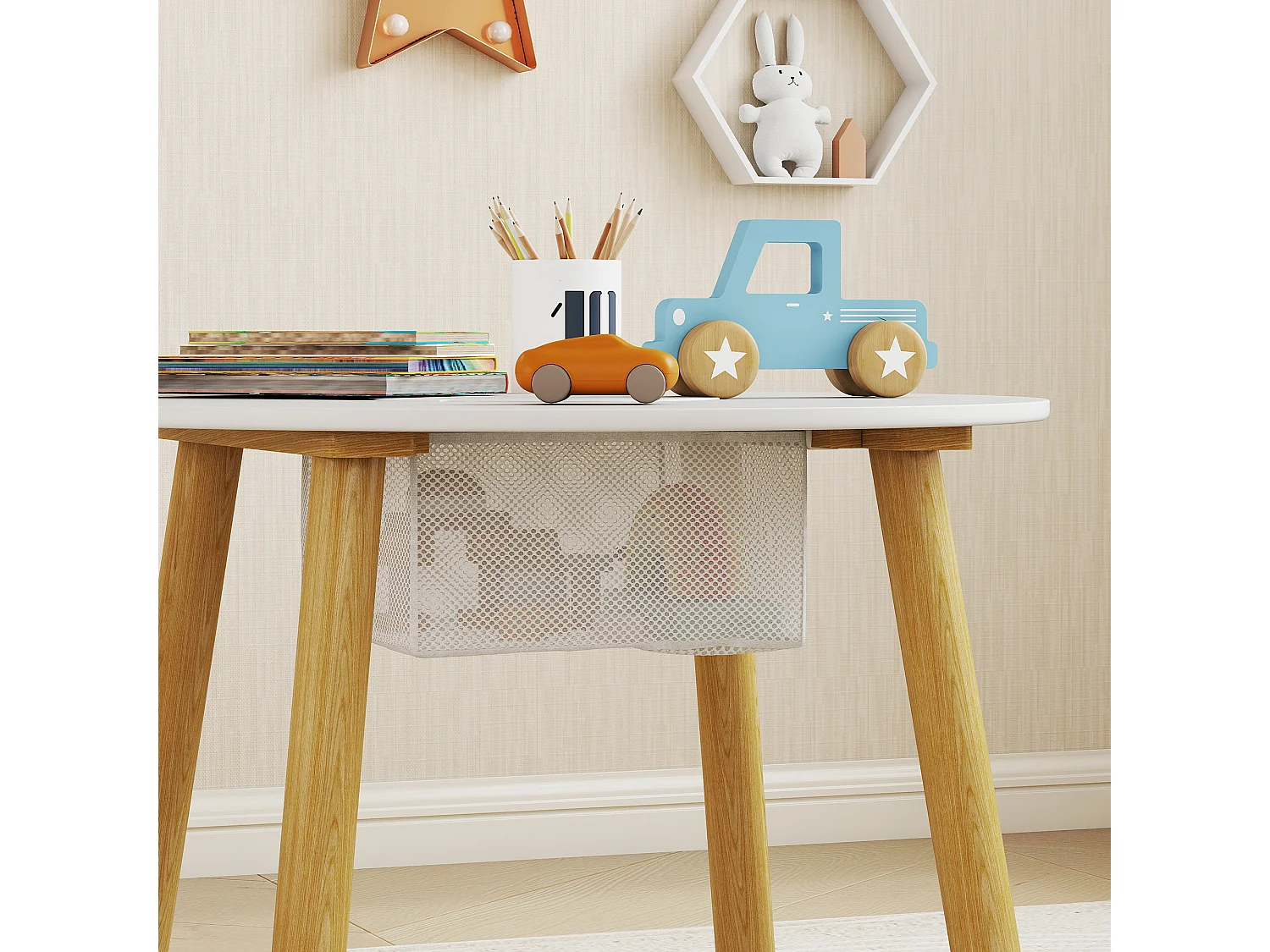 Ensemble table chaises enfant design ourson scandinave - rangement table intégré - blanc aspect bois