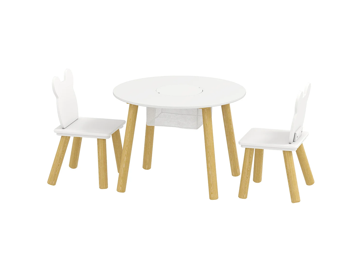 Ensemble table chaises enfant design ourson scandinave - rangement table intégré - blanc aspect bois
