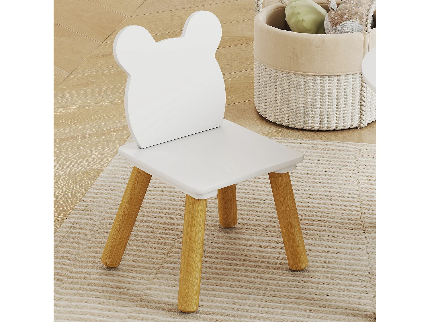 Ensemble table chaises enfant design ourson scandinave - rangement table intégré - blanc aspect bois