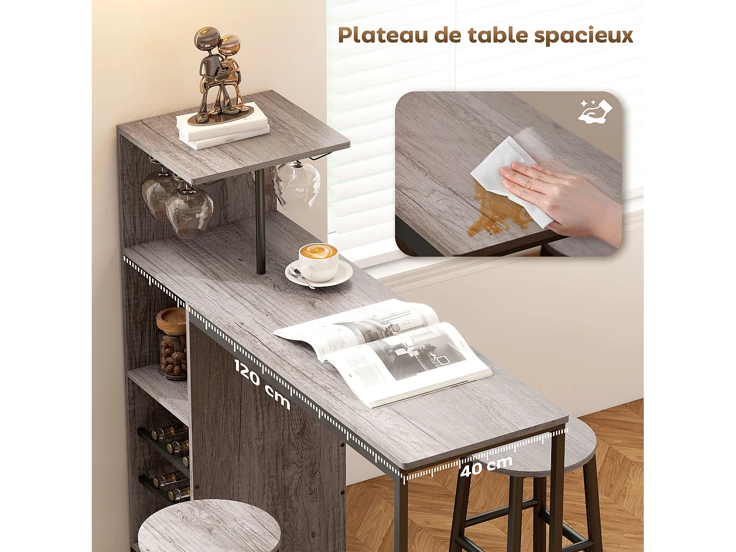 Ensemble Table de Bar avec Tabourets HOMCOM - Style Industriel Chic, Effet Bois Naturel, Rangement Vin et Verres