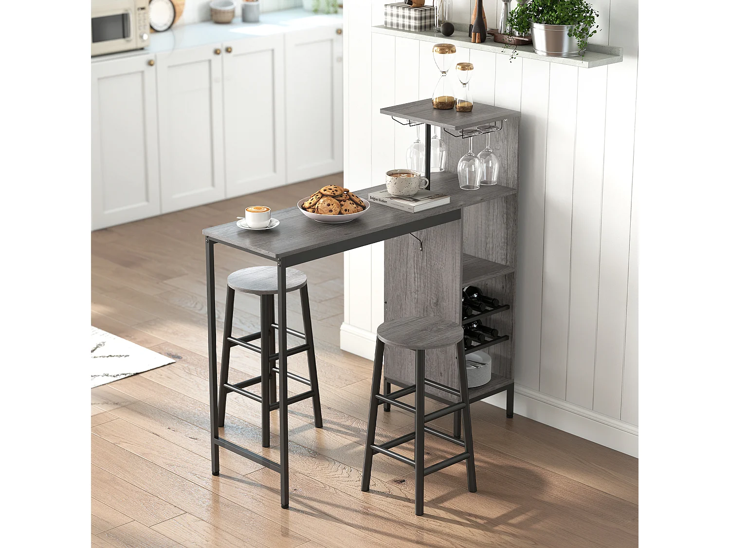 Ensemble Table de Bar avec Tabourets HOMCOM - Style Industriel Chic, Effet Bois Naturel, Rangement Vin et Verres