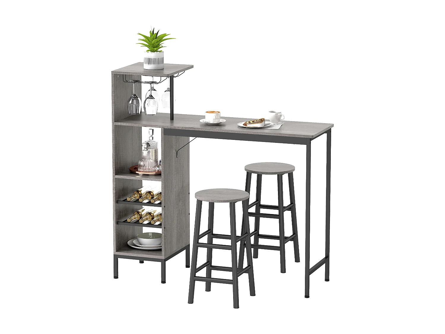 Ensemble Table de Bar avec Tabourets HOMCOM - Style Industriel Chic, Effet Bois Naturel, Rangement Vin et Verres