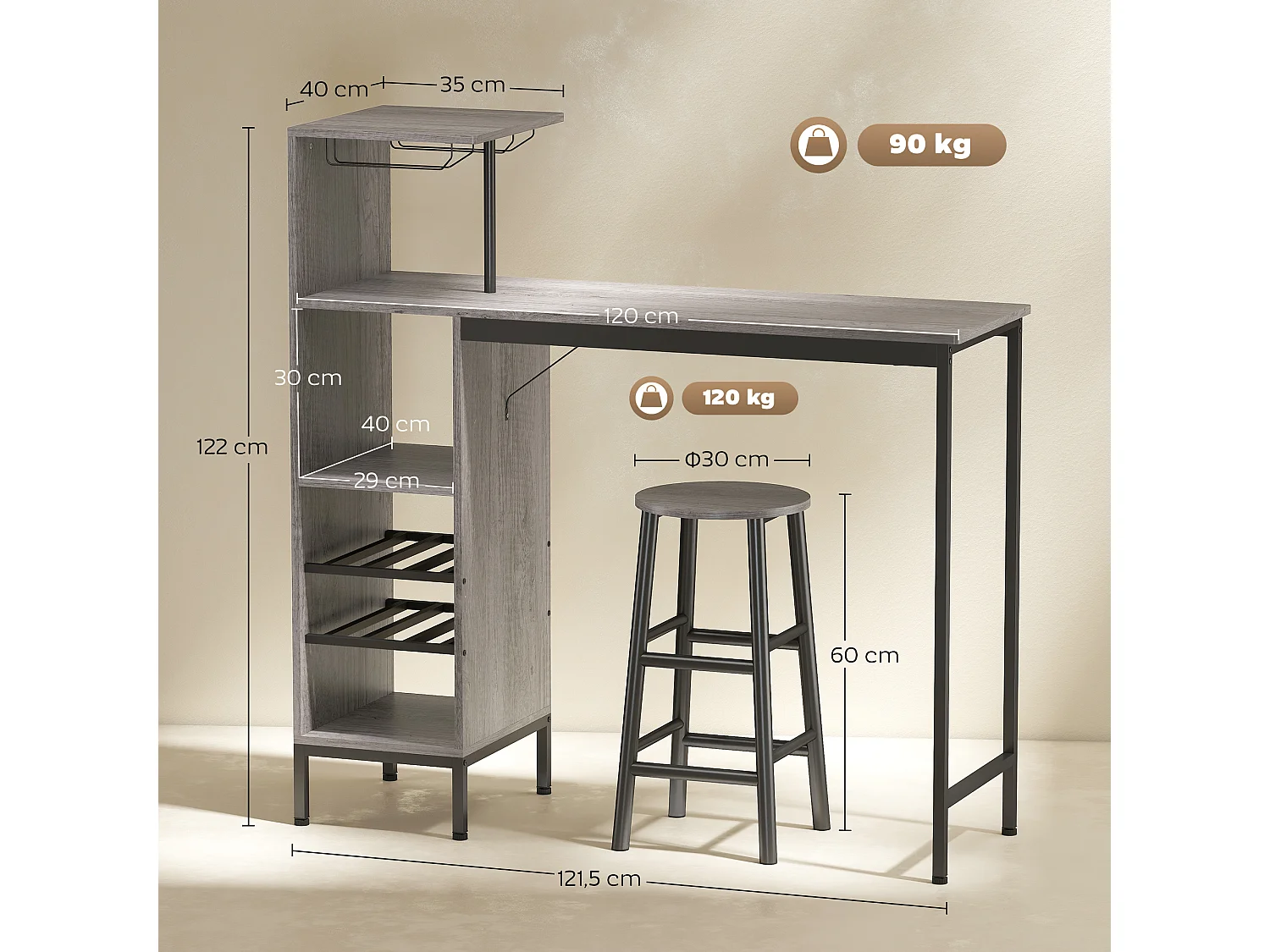 Ensemble Table de Bar avec Tabourets HOMCOM - Style Industriel Chic, Effet Bois Naturel, Rangement Vin et Verres