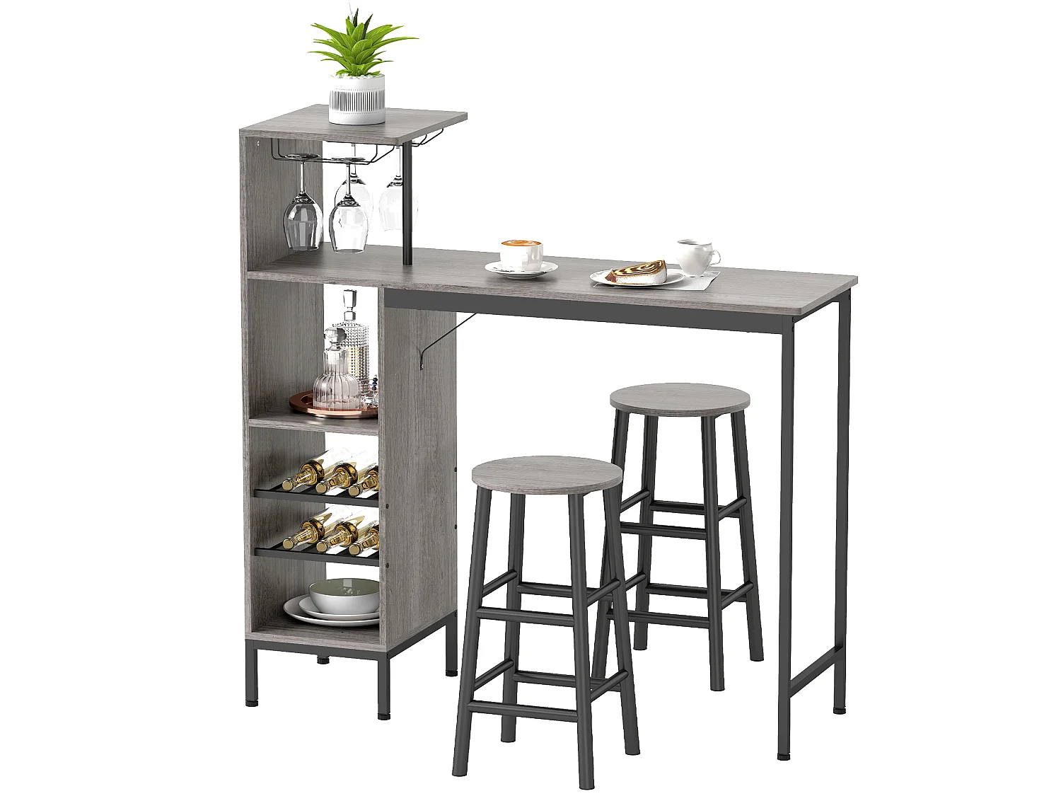 Ensemble Table de Bar avec Tabourets HOMCOM - Style Industriel Chic, Effet Bois Naturel, Rangement Vin et Verres
