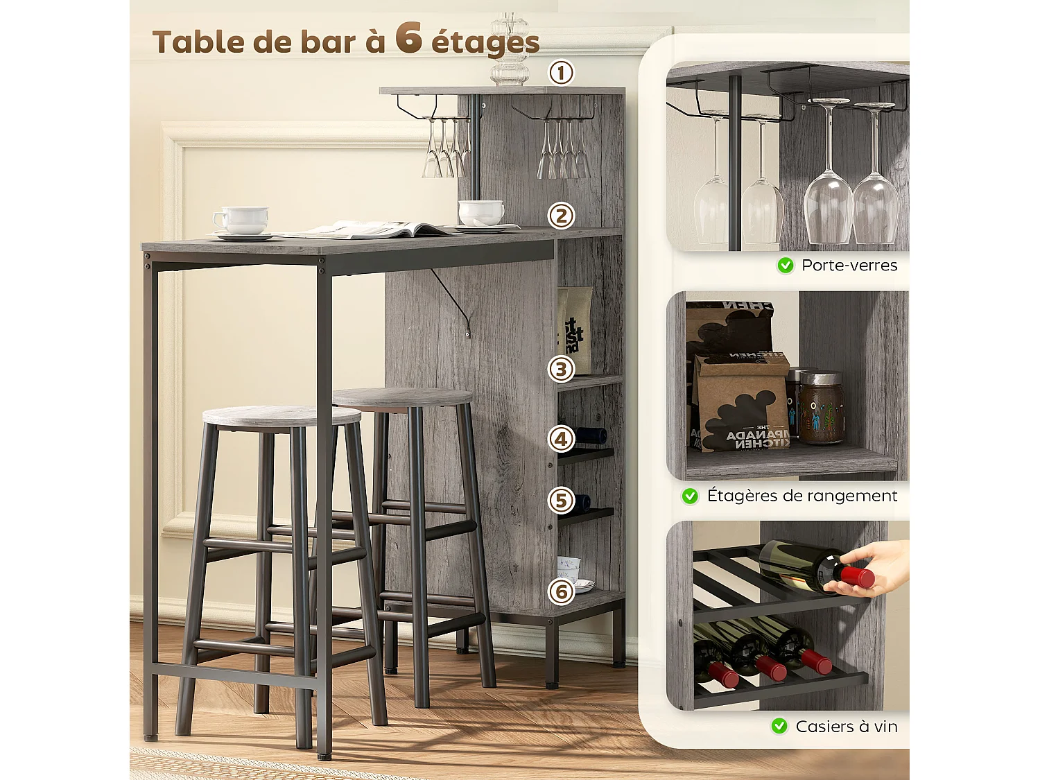 Ensemble Table de Bar avec Tabourets HOMCOM - Style Industriel Chic, Effet Bois Naturel, Rangement Vin et Verres