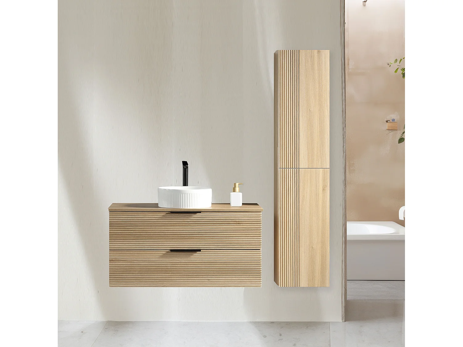 Ensemble salle de bain 120 cm chêne clair vasque à poser blanc wave Aqualinea