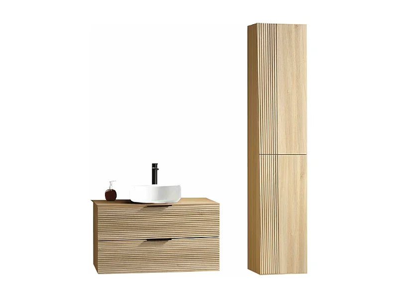 Ensemble salle de bain 100 cm chêne clair vasque à poser blanc brillant Aqualinea