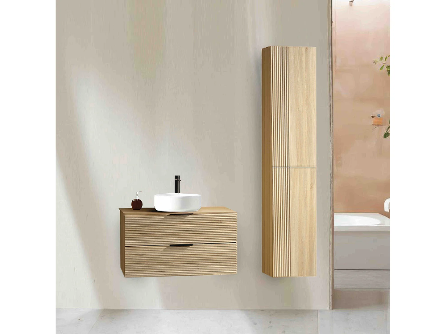 Ensemble salle de bain 100 cm chêne clair vasque à poser blanc brillant Aqualinea