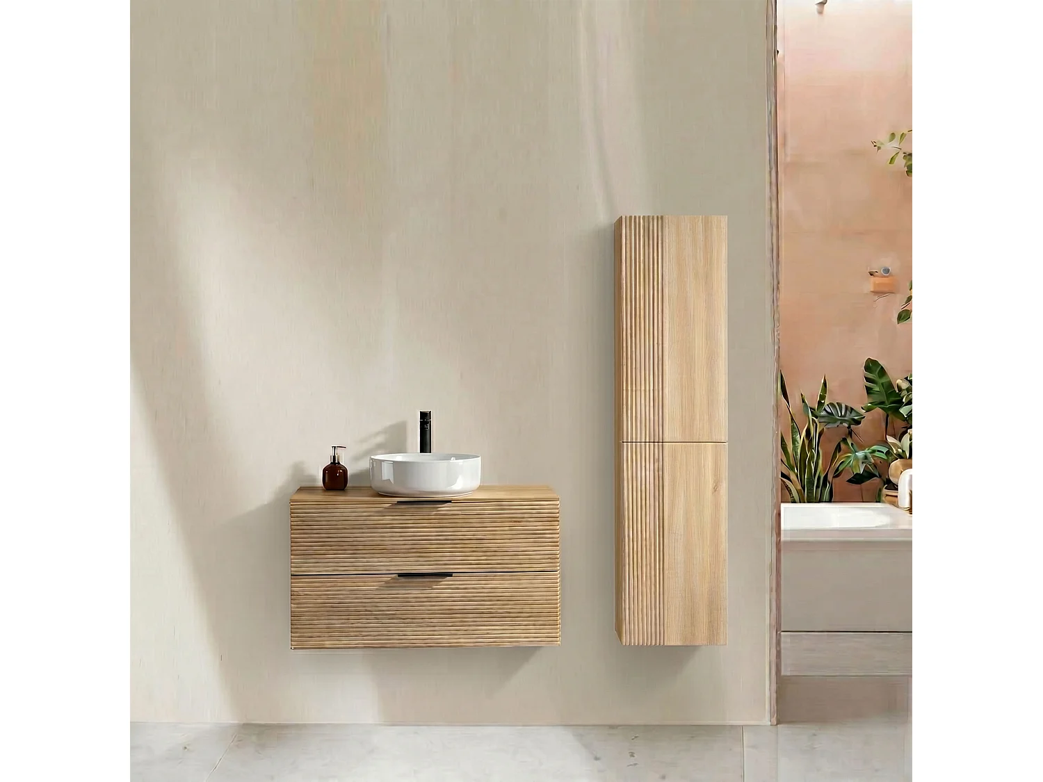 Ensemble salle de bain 100 cm chêne clair vasque à poser blanc brillant Aqualinea