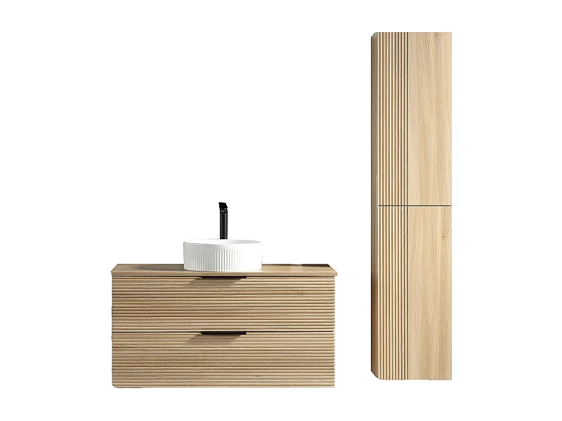 Ensemble salle de bain 100 cm chêne clair vasque à poser blanc wave Aqualinea