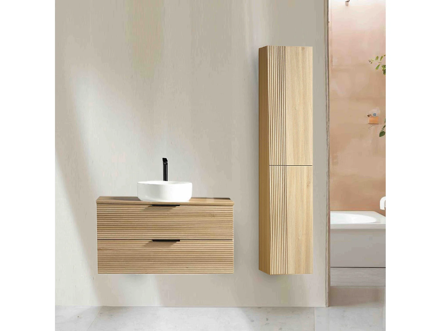 Ensemble salle de bain 120 cm chêne clair vasque à poser blanc mat Aqualinea