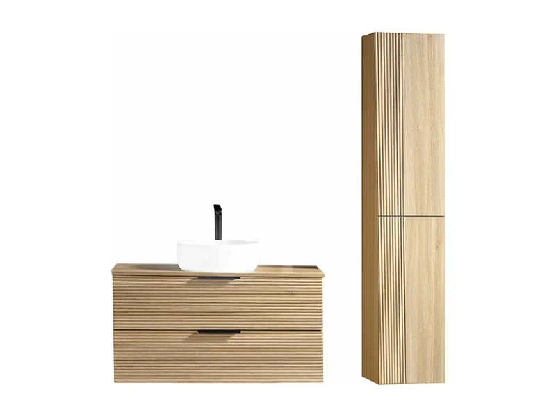 Ensemble salle de bain 120 cm chêne clair vasque à poser blanc brillant Aqualinea