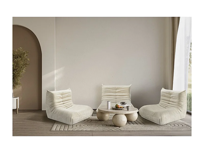 Set di 3 poltrone modulari Velasca in tessuto beige strutturato, comfort schiuma 30kg/m³, dimensioni 95x100x75 cm