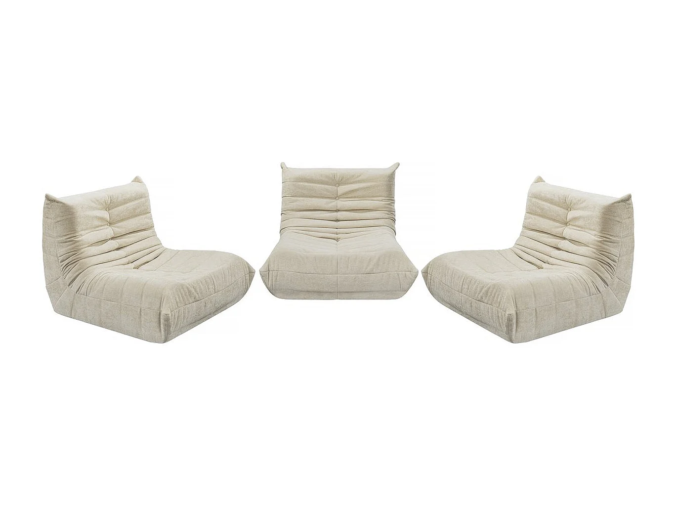 Set aus 3 modularen Velasca Sesseln aus beigem strukturiertem Stoff, Schaumstoffkomfort 30kg/m³, Maße 95x100x75 cm