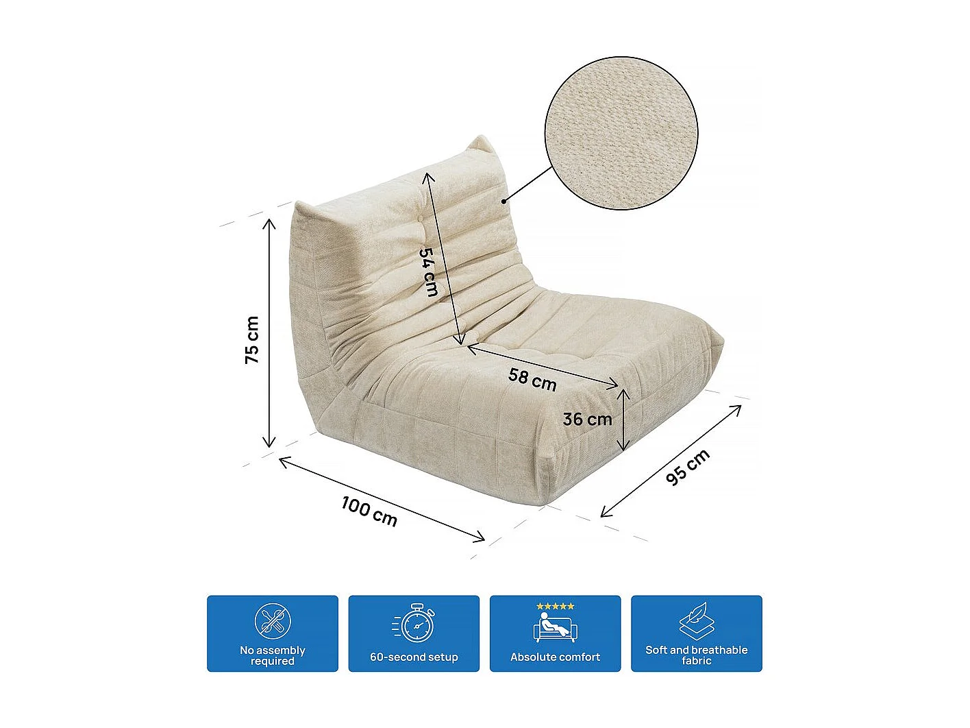 Set aus 3 modularen Velasca Sesseln aus beigem strukturiertem Stoff, Schaumstoffkomfort 30kg/m³, Maße 95x100x75 cm