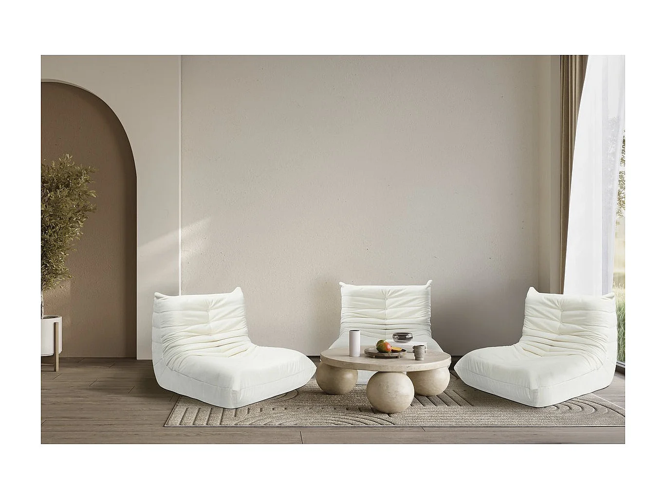 Lot de 3 chauffeuses pour canapé modulables en tissu texturé "Velasca" - Blanc