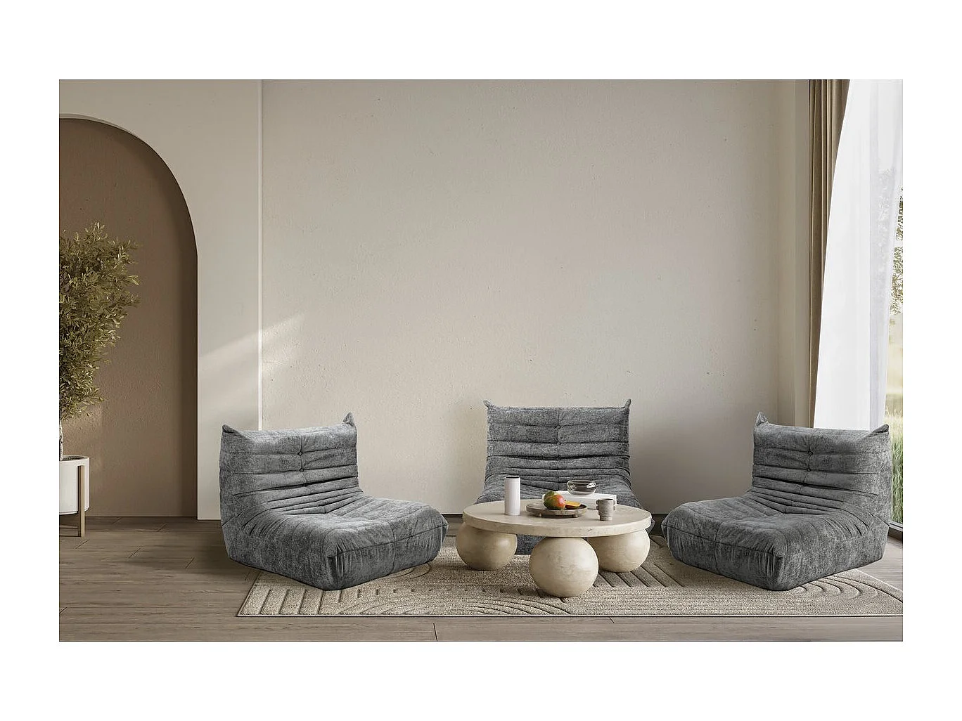 Lot de 3 chauffeuses pour canapé modulables en tissu texturé "Velasca" - Gris