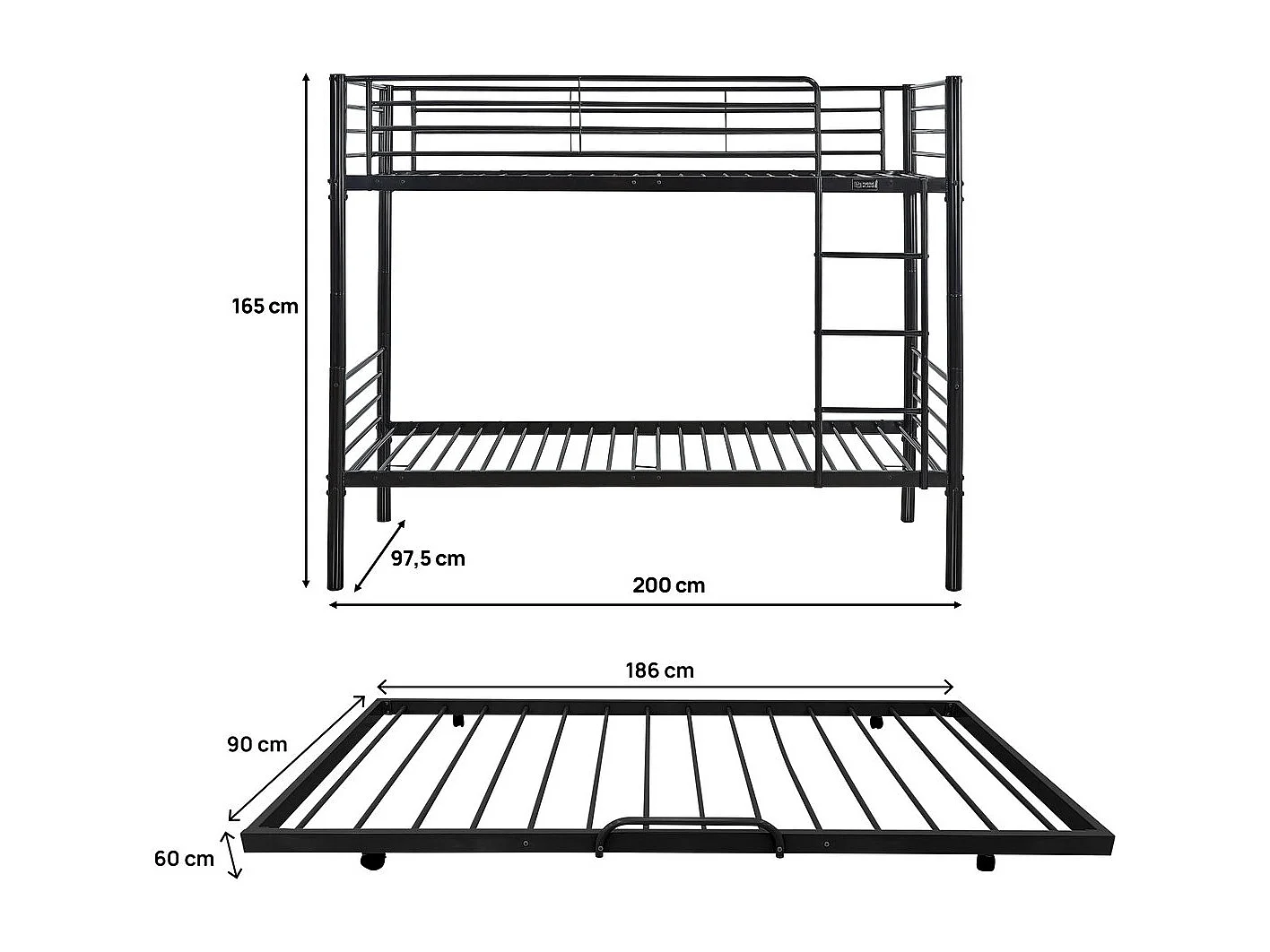 Lit superposé avec tiroir gigogne "ADAM" -  90 x 190 cm - Métal - Noir