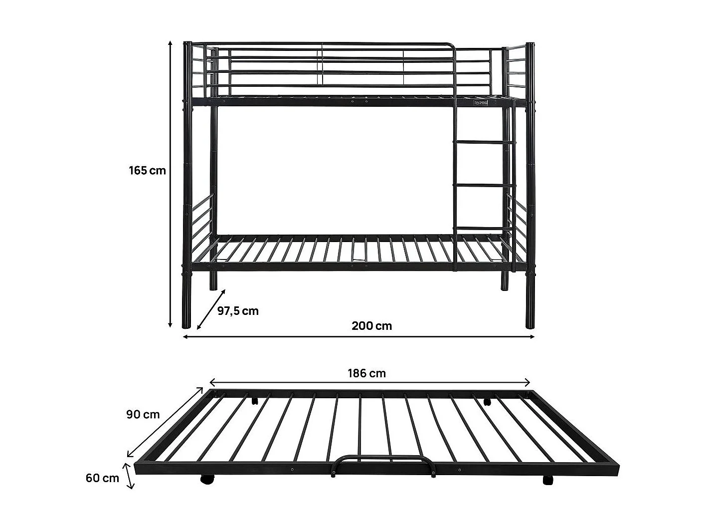 Lit superposé avec tiroir gigogne "ADAM" -  90 x 190 cm - Métal - Noir