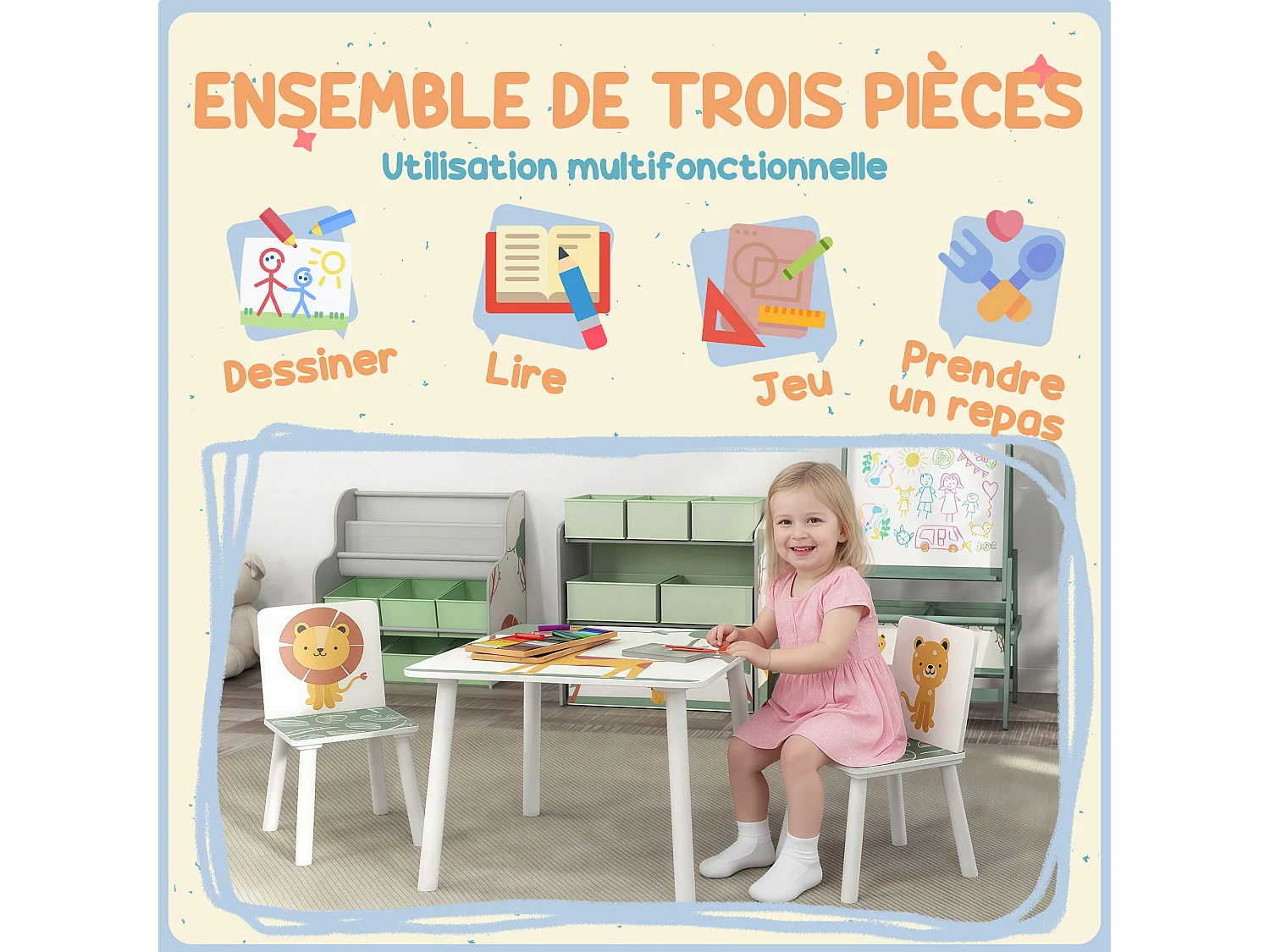 Ensemble table et chaises enfant design savane animaux bois pin MDF blanc vert