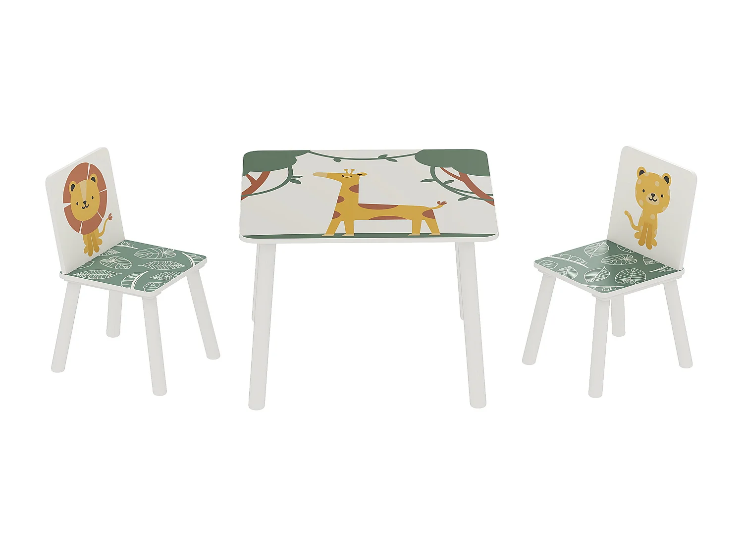 Ensemble table et chaises enfant design savane animaux bois pin MDF blanc vert