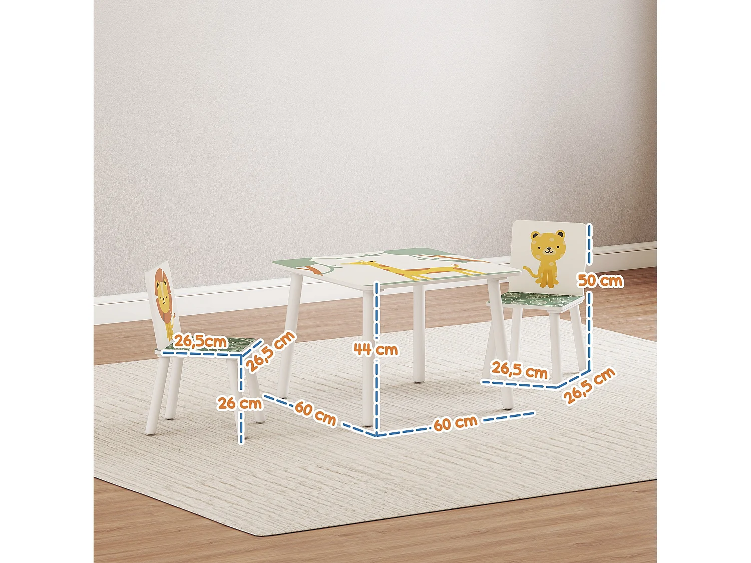 Ensemble table et chaises enfant design savane animaux bois pin MDF blanc vert