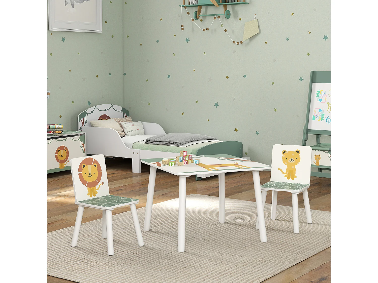 Ensemble table et chaises enfant design savane animaux bois pin MDF blanc vert