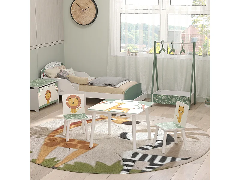 Ensemble table et chaises enfant design savane animaux bois pin MDF blanc vert