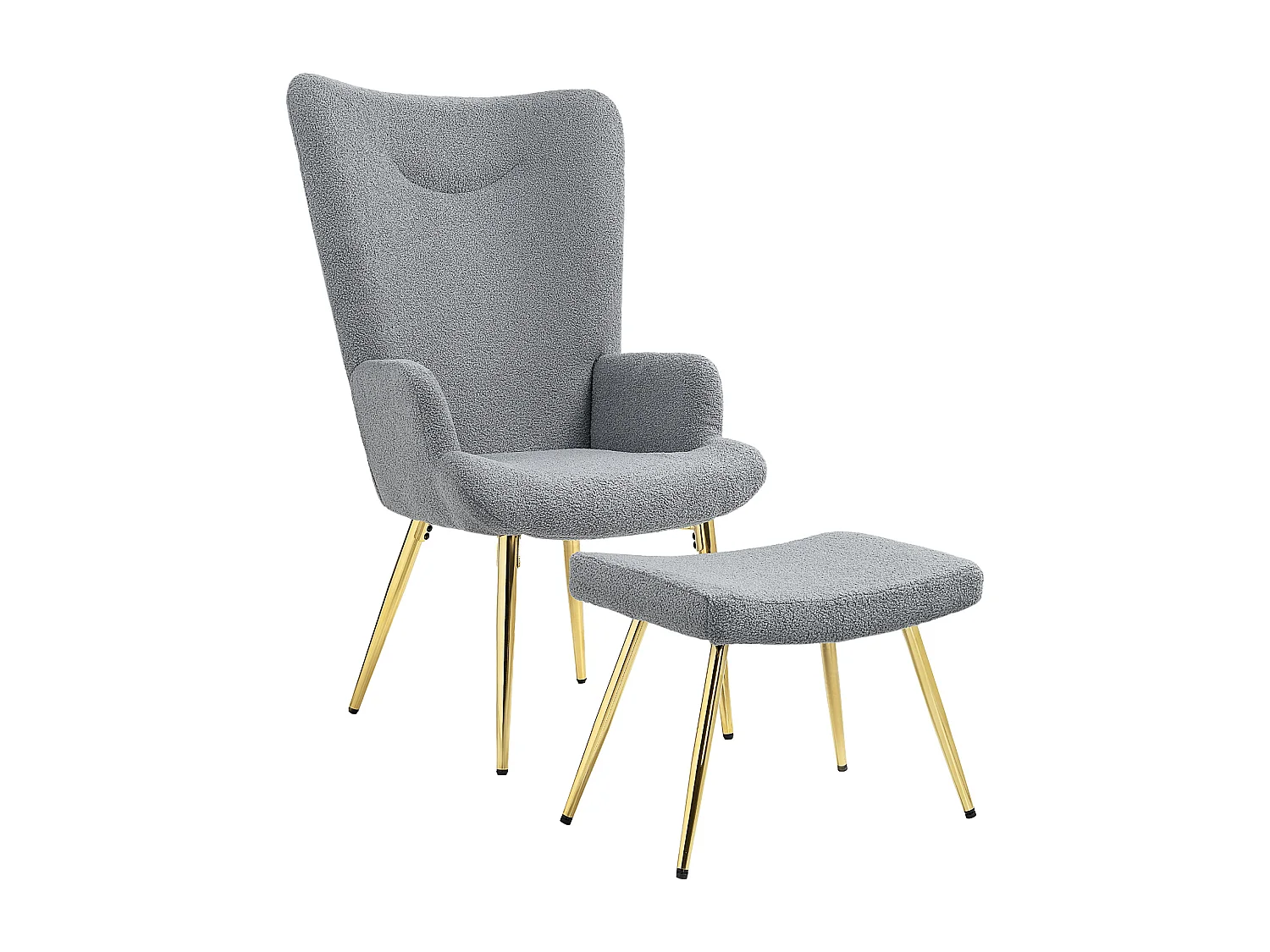 Ensemble fauteuil à oreilles repose-pieds style néo-rétro piètement acier doré effet laine bouclée grise