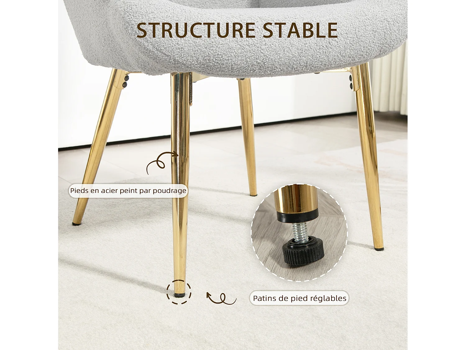 Ensemble fauteuil à oreilles repose-pieds style néo-rétro piètement acier doré effet laine bouclée grise