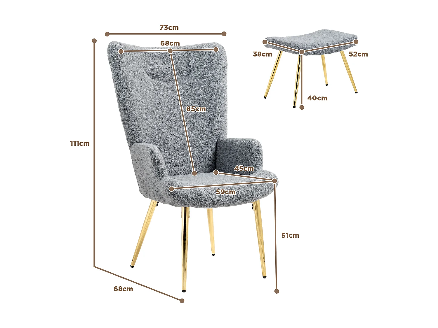 Ensemble fauteuil à oreilles repose-pieds style néo-rétro piètement acier doré effet laine bouclée grise