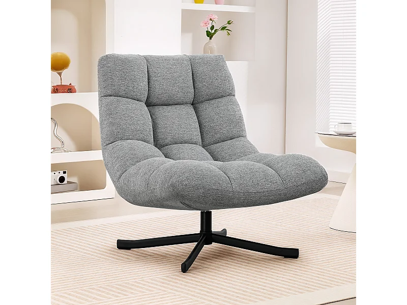 Fauteuil lounge style Chesterfield grand confort pivotant piètement acier croisé noir tissu chenille gris