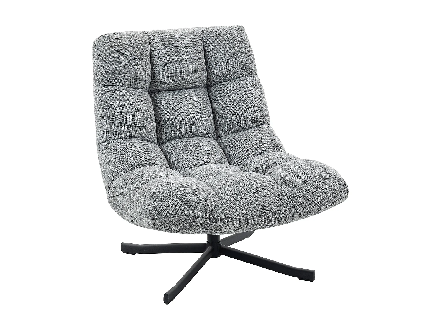 Fauteuil lounge style Chesterfield grand confort pivotant piètement acier croisé noir tissu chenille gris