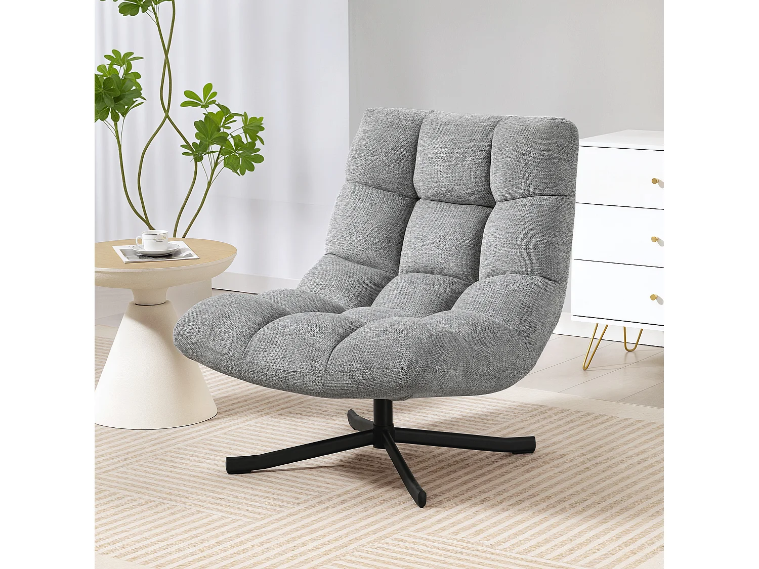 Fauteuil lounge style Chesterfield grand confort pivotant piètement acier croisé noir tissu chenille gris