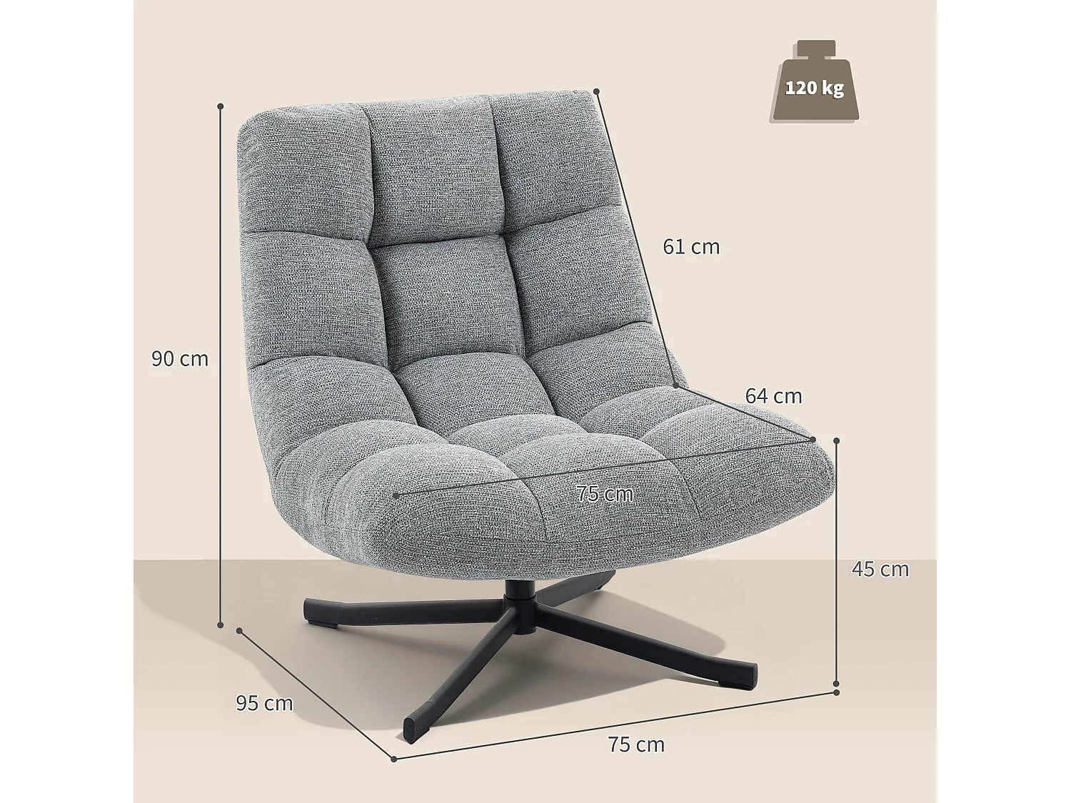 Fauteuil lounge style Chesterfield grand confort pivotant piètement acier croisé noir tissu chenille gris