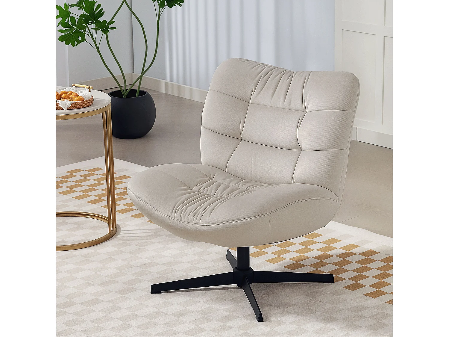 Fauteuil lounge effet matelassé grand confort pivotant piètement acier croisé noir tissu chenille grège