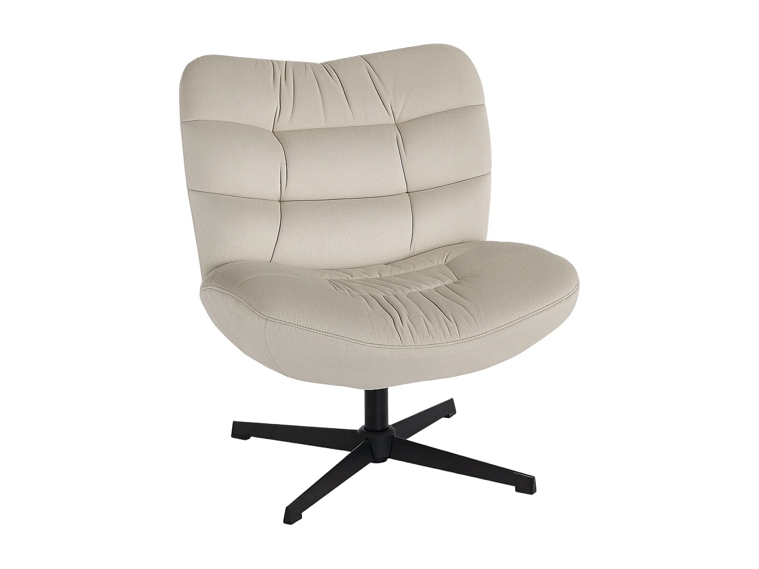 Fauteuil lounge effet matelassé grand confort pivotant piètement acier croisé noir tissu chenille grège