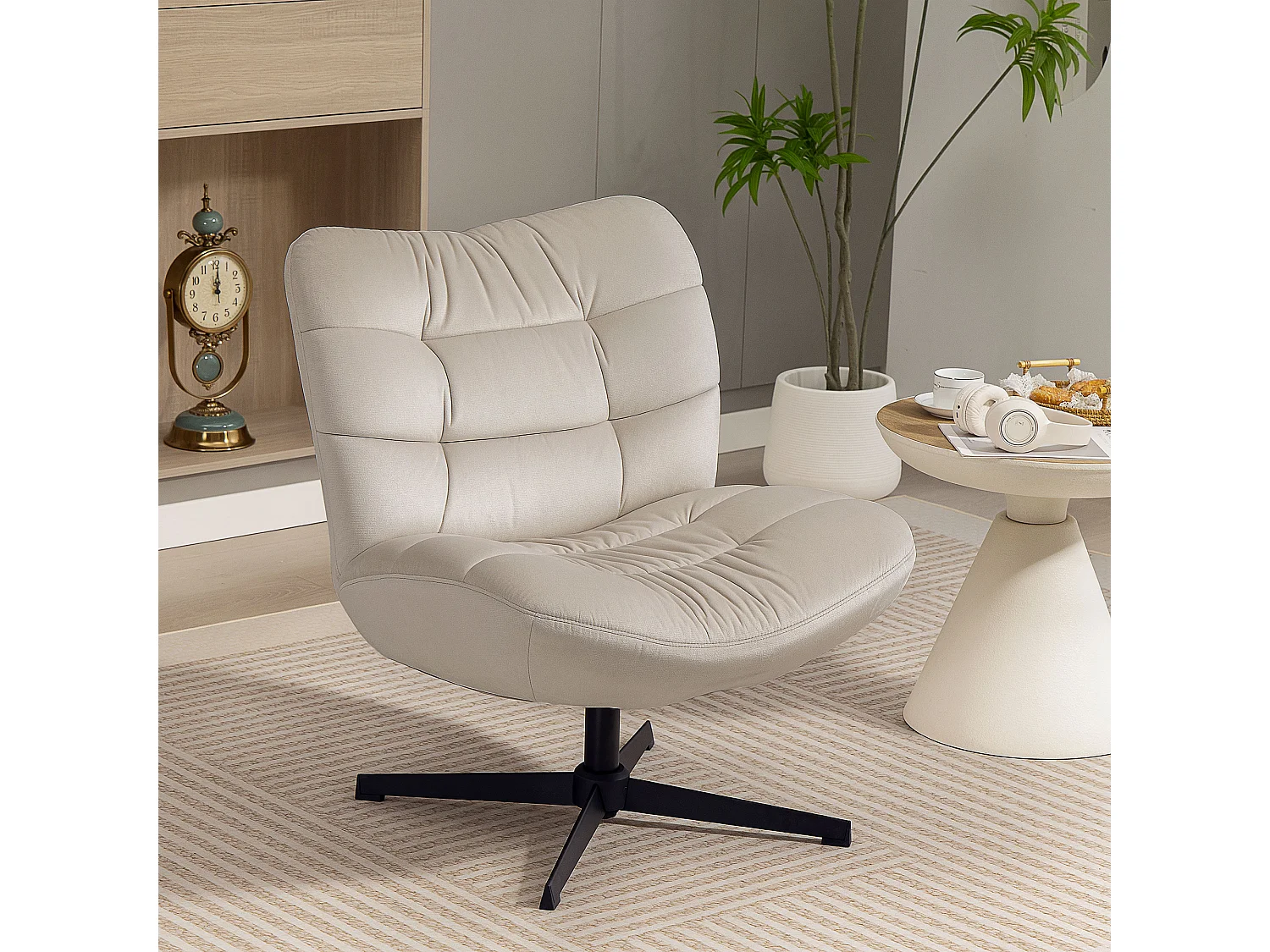 Fauteuil lounge effet matelassé grand confort pivotant piètement acier croisé noir tissu chenille grège