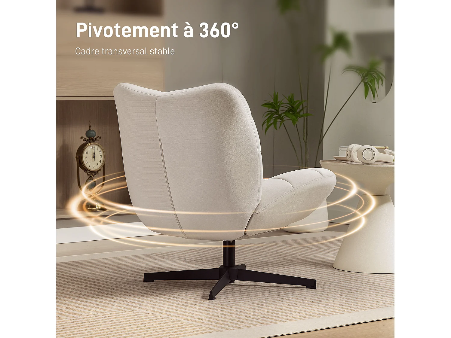 Fauteuil lounge effet matelassé grand confort pivotant piètement acier croisé noir tissu chenille grège