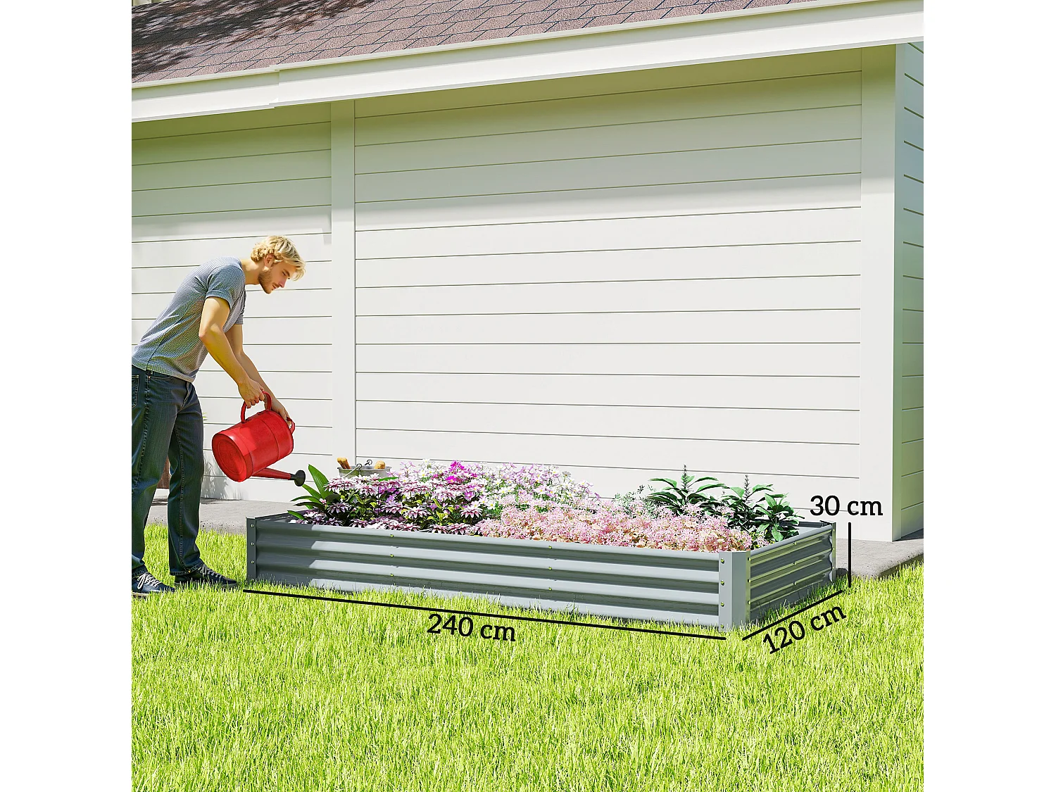 Carré potager rectangulaire dim. 240 x 120 x 30 cm acier galvanisé ondulé argenté