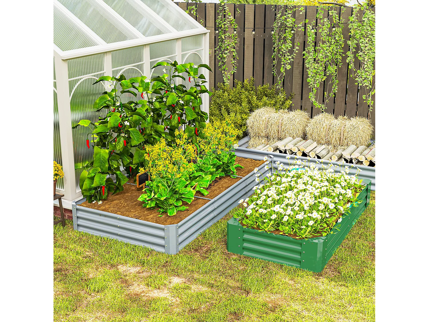 Carré potager rectangulaire dim. 240 x 120 x 30 cm acier galvanisé ondulé argenté