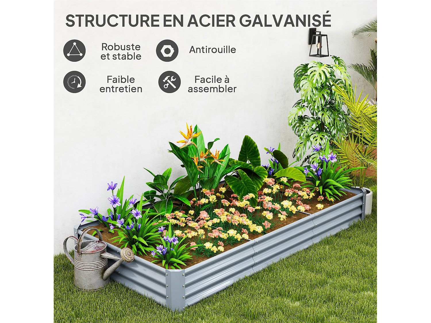 Carré potager rectangulaire dim. 240 x 120 x 30 cm acier galvanisé ondulé argenté